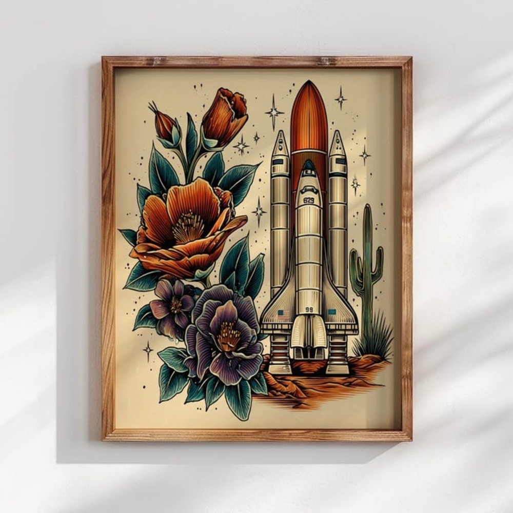 Space Shuttle Wall Art, Floral Space Illustration, Retro Sci Fi Artwork, Desert